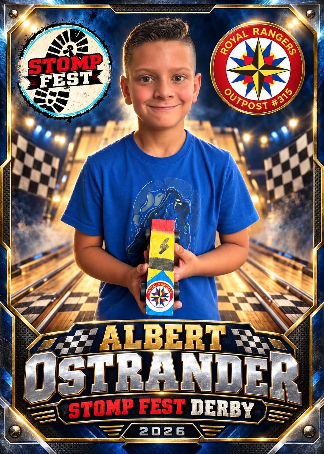 Albert Ostrander holding his derby car in a STOMP Fest Derby 2026 graphic